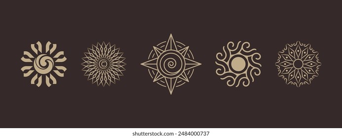 Five sun logos in line style Logos come in different sizes and shapes. And all of them are made of different materials.