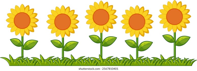 Five sunflowers aligned in a cheerful pattern