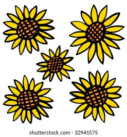Five sunflowers on white an illustration