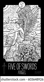 Five of swords. Angel. Minor Arcana Tarot card. Fantasy line art illustration. Engraved vector drawing. See all collection in my portfolio set