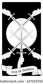 Five of swords. Crossing five swords on a symbolic image of the sun