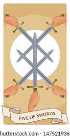 Five of swords. Crossing five swords on a symbolic image of the sun