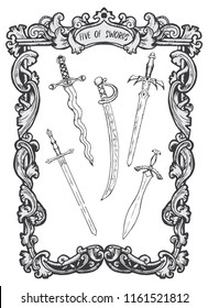 Five of swords. Minor Arcana tarot card. The Magic Gate deck. Fantasy engraved vector illustration with occult mysterious symbols and esoteric concept