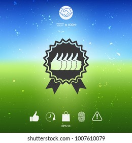 Five symbols Thumb Up Gesture - label with ribbons. Thumb up icon - the highest score, the best choice, the highest rating