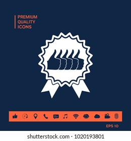 Five symbols Thumb Up Gesture - label with ribbons. Thumb up icon - the highest score, the best choice, the highest rating