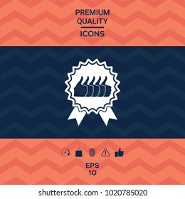 Five symbols Thumb Up Gesture - label with ribbons. Thumb up icon - the highest score, the best choice, the highest rating