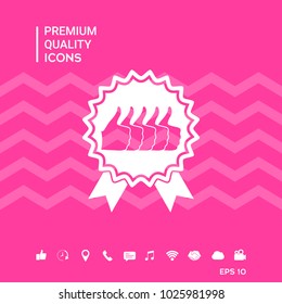 Five symbols Thumb Up Gesture - label with ribbons. Thumb up icon - the highest score, the best choice, the highest rating