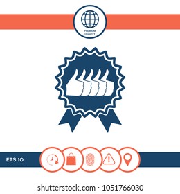 Five symbols Thumb Up Gesture - label with ribbons. Thumb up icon - the highest score, the best choice, the highest rating