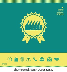 Five symbols Thumb Up Gesture - label with ribbons. Thumb up icon - the highest score, the best choice, the highest rating