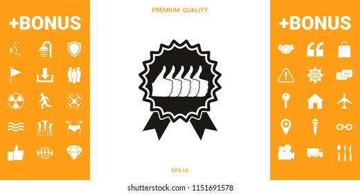 Five symbols Thumb Up Gesture - label with ribbons. Thumb up icon - the highest score, the best choice, the highest rating