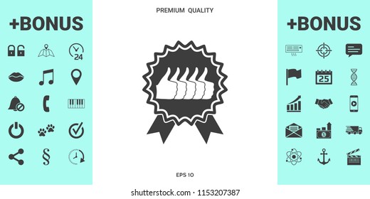 Five symbols Thumb Up Gesture - label with ribbons. Thumb up icon - the highest score, the best choice, the highest rating