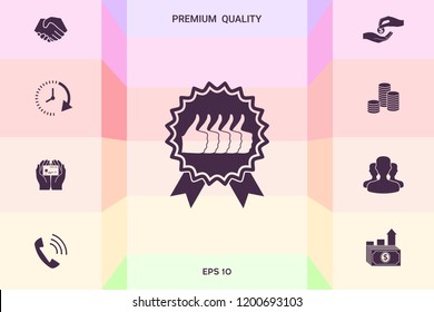 Five symbols Thumb Up Gesture - label with ribbons. Thumb up icon - the highest score, the best choice, the highest rating