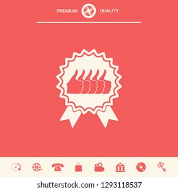 Five symbols Thumb Up Gesture - label with ribbons. Thumb up icon - the highest score, the best choice, the highest rating