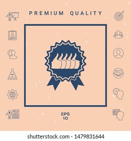 Five symbols Thumb Up Gesture - label with ribbons. Thumb up icon - the highest score, the best choice, the highest rating