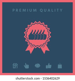 Five symbols Thumb Up Gesture - label with ribbons. Thumb up icon - the highest score, the best choice, the highest rating