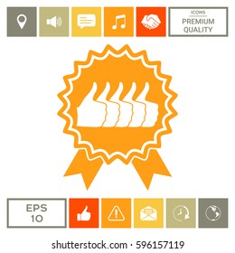 Five symbols Thumb Up Gesture - label with ribbons. Thumb up icon - the highest score, the best choice, the highest rating