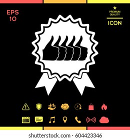 Five symbols Thumb Up Gesture - label with ribbons. Thumb up icon - the highest score, the best choice, the highest rating