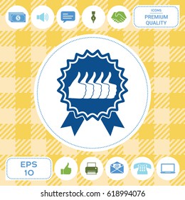 Five symbols Thumb Up Gesture - label with ribbons. Thumb up icon - the highest score, the best choice, the highest rating