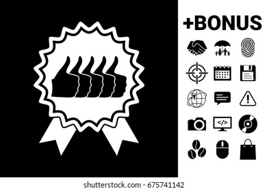 Five symbols Thumb Up Gesture - label with ribbons. Thumb up icon - the highest score, the best choice, the highest rating