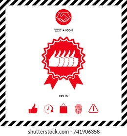Five symbols Thumb Up Gesture - label with ribbons. Thumb up icon - the highest score, the best choice, the highest rating