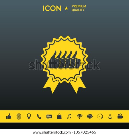 Five symbols Thumb Up Gesture - label with ribbons. Thumb up icon - the highest score, the best choice, the highest rating