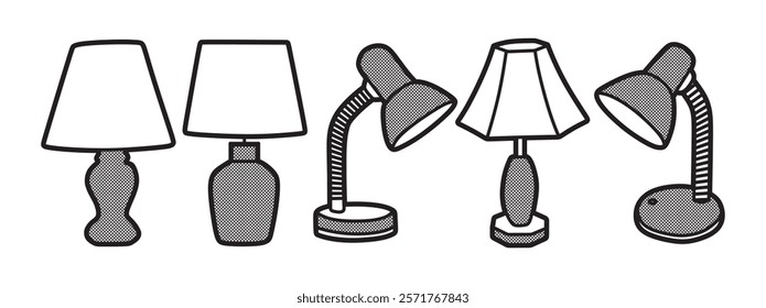 five table lamp images, black and white vector