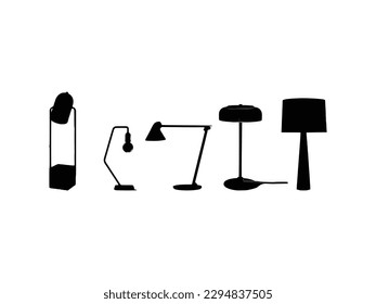 Fünf Tafellichtsilhouette, Lampen Flaches Vektorgrafik. Schwarzes Licht, Silhouette-Lampen, Lampenset.