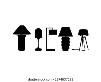 Five Table light silhouette, lamps Flat style vector illustration. Black light, lamp silhouette set, lamps set.