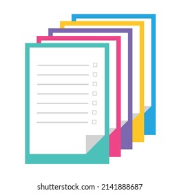 Cinco comprimidos con papel en blanco. Alicates coloridos sobre fondo blanco. Documentos en forma de cuestionario. Ilustración del vector