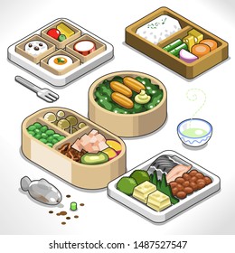 Five take away boxes with asian food such as mushrooms, beans, fish, tofu, rice and vegetables (isometric vector)