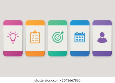 Five tall rectangles with icons for planning, task, goal, and date