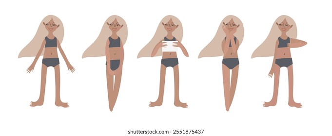 Five tanned European girls in swimsuits. Calm standing poses: thumbs up, piece of paper in hands. Tanned skin and blond hair. Vector illustration in flat style