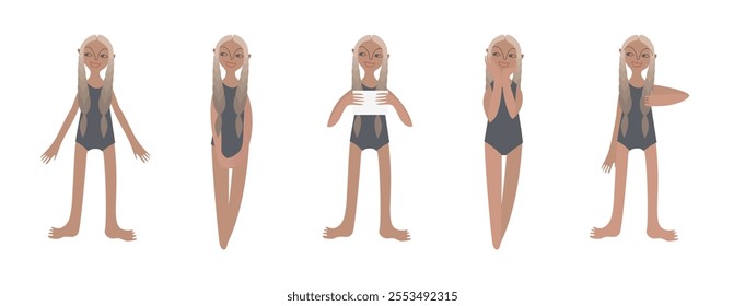 Five tanned European girls in swimsuits. Calm standing poses: thumbs up, piece of paper in hands. Tanned skin and blond hair. Vector illustration in flat style