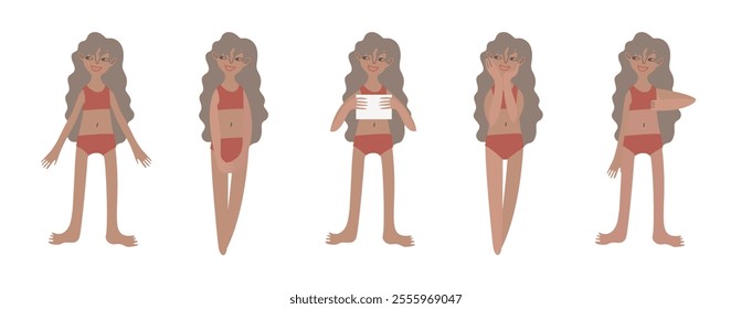 Five tanned European girls in swimsuits. Calm standing poses: thumbs up, piece of paper in hands. Tanned skin and blond hair. Vector illustration in flat style