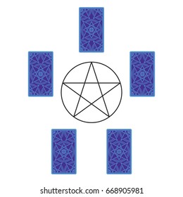 Five tarot card spread with pentagram. Reverse side. Vector illustration