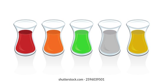 Five tea glasses with colorful liquids red, orange, green, gray, and yellow arranged in a row on a white background. The vibrant composition highlights variety in beverage colors and glass reflections