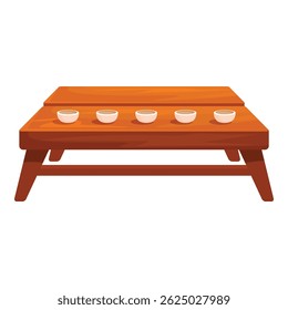 Five teacups are carefully placed on a wooden table, ready for a traditional tea ceremony