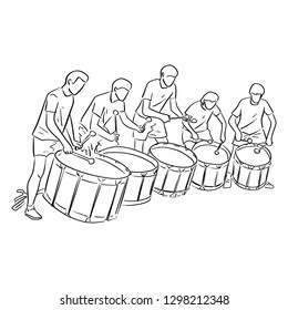 five teenagers playing marching drum vector illustration sketch doodle hand drawn with black lines isolated on white background. Teamwork concept.