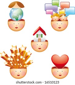 Five thinking situations. Five different emotions situations: thinking love, thinking global, thinking home, thinking chat, thinking positive.