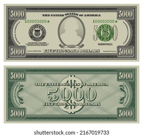 Five thousand dollars banknote. Gray obverse and green reverse fictional US paper money in style of vintage american cash. Frame with guilloche mesh and bank seals. Madison