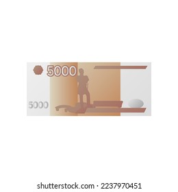 Billete de cinco mil rublos, dinero en efectivo de Rusia. Ilustración vectorial de la moneda de papel y los billetes. Diseño de caricaturas de cinco mil rublos rusos aislados de fondo blanco. Banco, finanzas