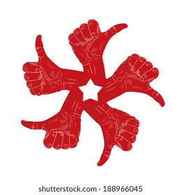 Five thumb up hand signs in round abstract symbol with pentagonal star, black and white vector special emblem with human hands.