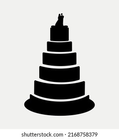 Fünf Stockkuchen Hochzeitskuchen mit Bräunungs- und Bräutigkuchen Topper Icon Silhouette.