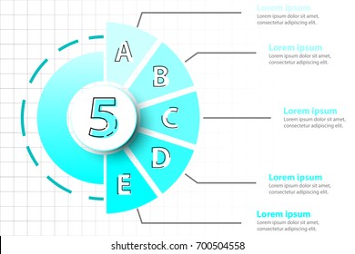 Five Topics Of Blue Half Pie Chart With 3d Paper Circle In Center For Website Presentation Cover Poster Vector Design Infographic Illustration Concept