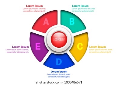Five topics colorful chart in paper cut style with marble circle in center for website presentation cover poster vector design infographic illustration concept