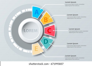 Five Topics Colorful Half Pie Chart 3d Paper With Circle In Center For Website Presentation Cover Poster Vector Design Infographic Illustration Concept