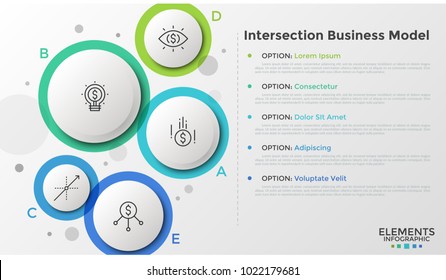 Five translucent circular elements with letters, thin line icons and text boxes. Concept of intersection business model with 5 options. Colorful infographic design template. Vector illustration.