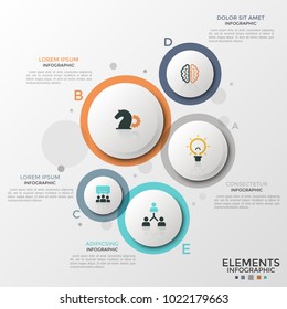 Five translucent round elements of different size and color with letters, thin line symbols and text boxes. Concept of 5 options to choose. Creative infographic design template. Vector illustration.