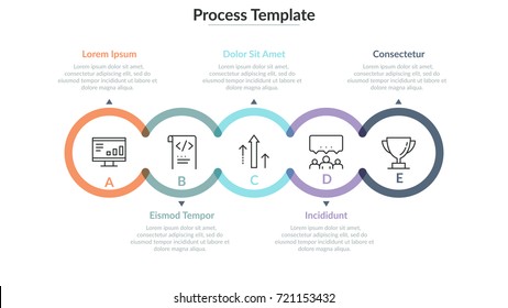 Five translucent round elements with thin line pictograms inside connected into horizontal chain. Concept of 5 successive steps to project completion. Infographic design template. Vector illustration.