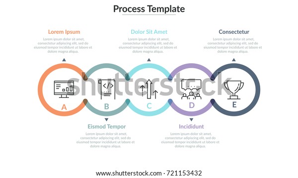 5つの半透明な丸いエレメントと細い線の絵文字が横の鎖に繋がっています プロジェクトの完了までの5段階のステップ のコンセプト インフォグラフィックデザインテンプレート ベクターイラスト のベクター画像素材 ロイヤリティフリー